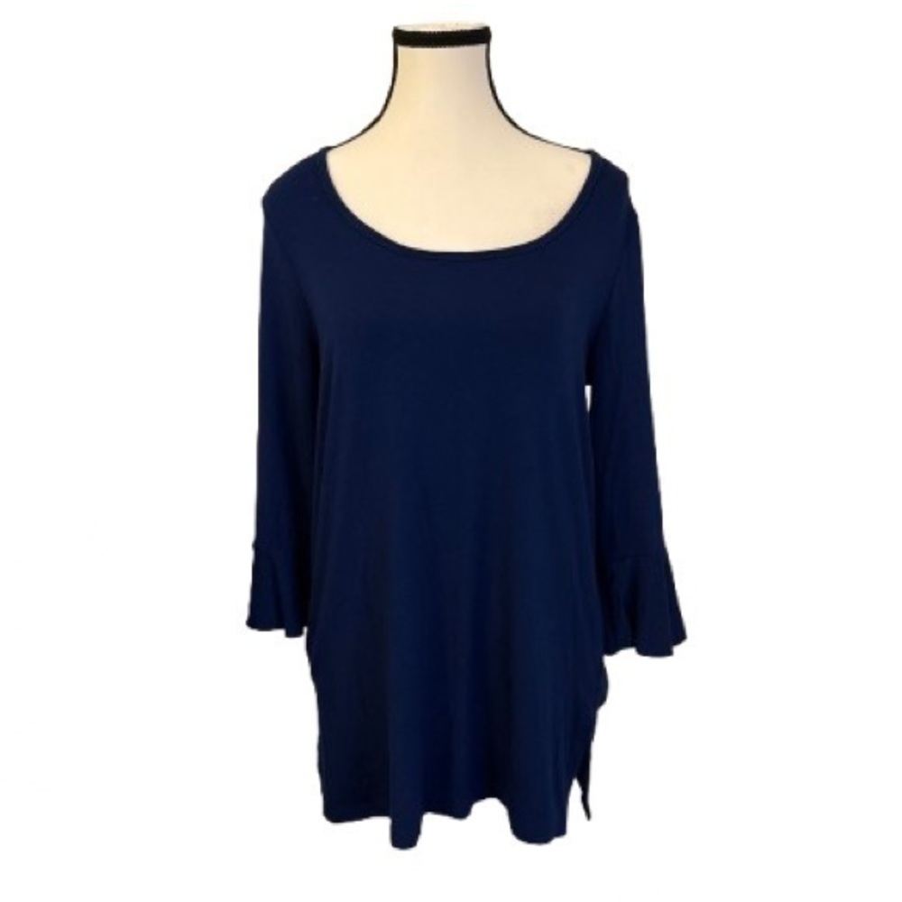Women’s Navy Tunic Top Fluted Quarter Sleeves Oversized Classy Stretchy Medium - Picture 2 of 7
